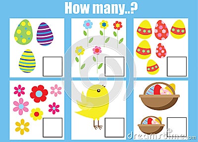 Counting educational children game, kids activity worksheet. How many objects task Stock Photo