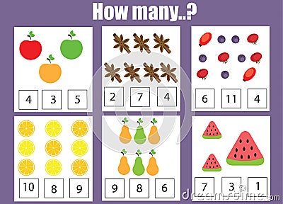 Counting educational children game, kids activity worksheet. How many objects task Vector Illustration