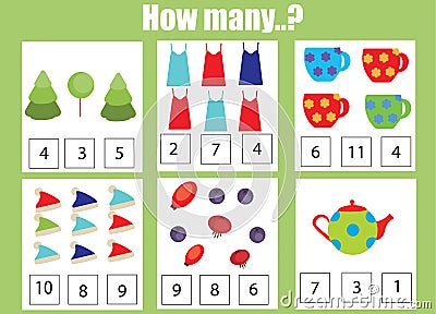 Counting educational children game, kids activity worksheet. How many objects task Vector Illustration