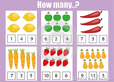 Counting educational children game, kids activity worksheet. How many objects task Stock Photo