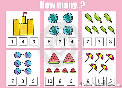 Counting educational children game, kids activity worksheet. How many objects task Vector Illustration