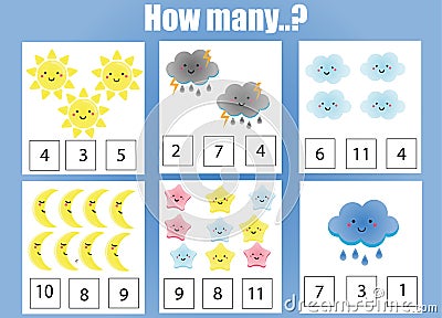 Counting educational children game, kids activity worksheet. How many objects task Vector Illustration