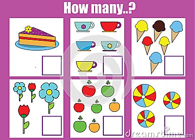 Counting educational children game, math kids activity. How many objects task Vector Illustration