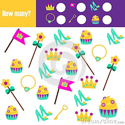 Counting educational children game, math kids activity. How many objects task Vector Illustration