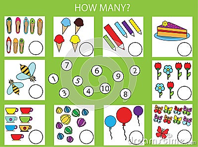 Counting educational children game, math kids activity. How many objects task Vector Illustration