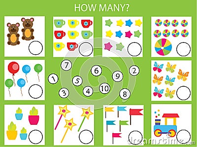 Counting educational children game, math kids activity. How many objects task Vector Illustration