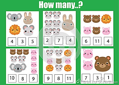 Counting educational children game, math kids activity. How many objects task. Animals theme Vector Illustration