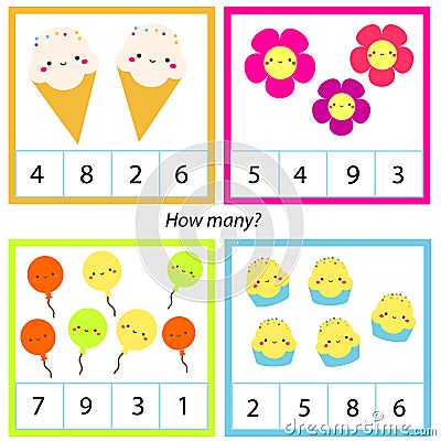 Counting educational children game. Mathematics activity for kids and toddlers. How many objects. Study math, numbers, addition Vector Illustration