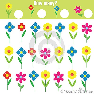 Counting educational children game. Mathematics activity for kids and toddlers. How many objects. Study math, numbers, addition Vector Illustration