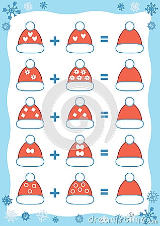 Counting Educational Game. Addition Christmas worksheet Vector Illustration