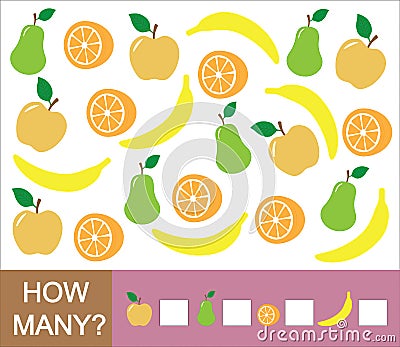 Counting educational game for children. How many fruits apple, pear, orange, banana. Learning numbers, mathematics. Vector Illustration