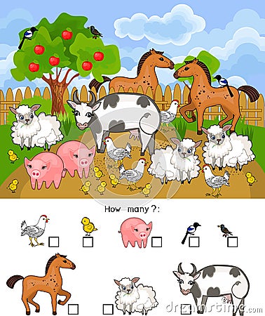 How many animals. Counting educational game with different farm animals for preschool kids Stock Photo