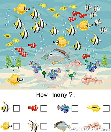 How many different sea fishes. Counting educational game with different sea animals for kids Stock Photo