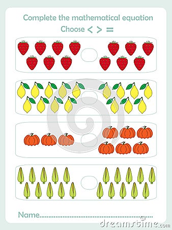 Counting educational games kids, kids activity sheet. Complete the mathematical equation Vector Illustration