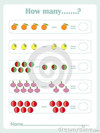 Counting educational games kids, kids activity sheet. How many task objects. Learning math, numbers Vector Illustration