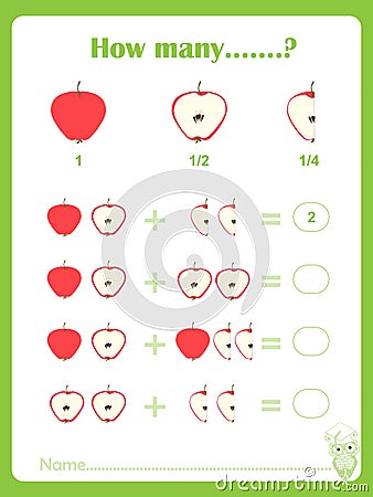 Counting educational games kids, kids activity sheet, math fractions Vector Illustration