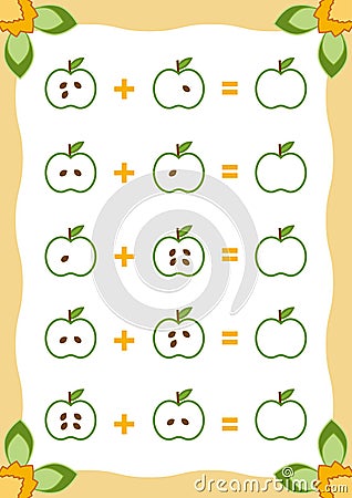 Counting Game for Children. Addition worksheets with apples Vector Illustration