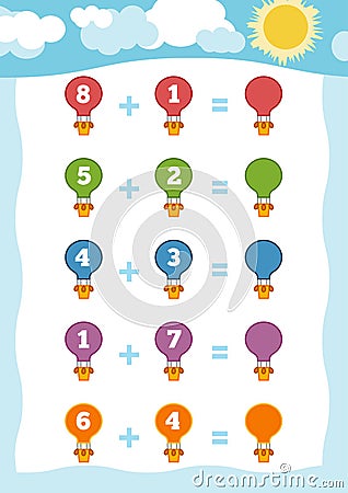 Counting Game for Children. Addition worksheets with balloons Vector Illustration