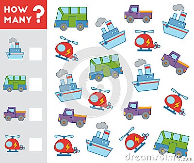 Counting Game for Children. Count how many transport objects Vector Illustration