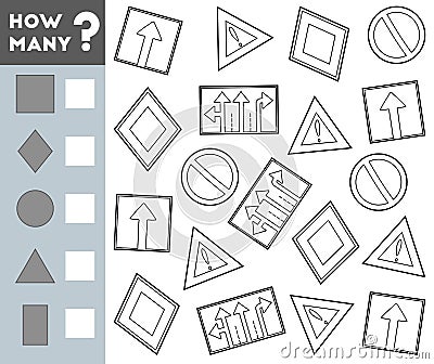 Counting Game for Children. Educational a mathematical game. Count how many Road signs and write the result Vector Illustration