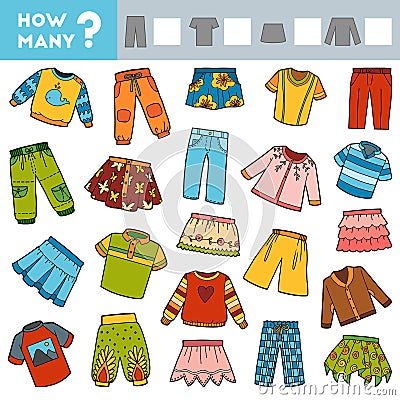 Counting Game for Children. Educational a mathematical game. Count how many skirts, trousers, jumpers, T-shirts and write the Vector Illustration