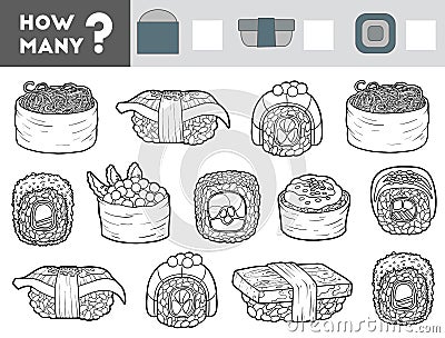 Counting Game for Children. Educational a mathematical game. Count how many sushi, sashimi, rolls and write the result Vector Illustration