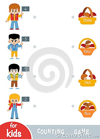 Counting Game for Children. Educational a mathematical game. Kids and baskets with mushrooms Vector Illustration