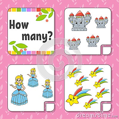 Counting game for children. Happy characters. Learning mathematics. How many object in the picture. Education worksheet. With Vector Illustration