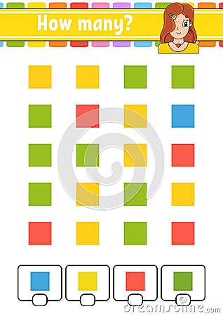 Counting game for children. Happy characters. Learning mathematics. How many object in the picture. Education worksheet. With Vector Illustration