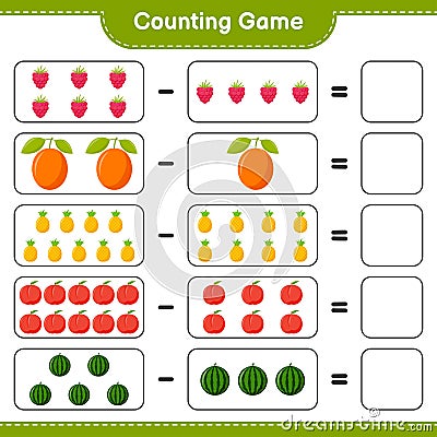Counting game, count the number of Fruits and write the result. Educational children game Vector Illustration