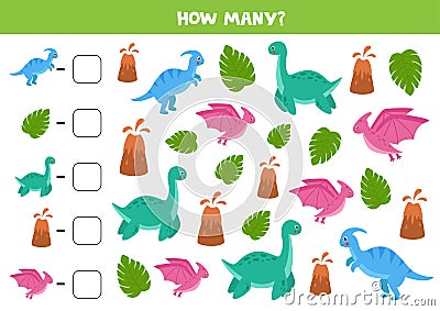 Counting game with cute cartoon dinosaurs. Math worksheet. Vector Illustration