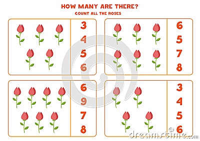 Counting game with cute cartoon valentine roses. Math worksheet. Vector Illustration