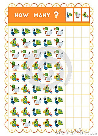 Counting game, educational game for children. Count how many birds in each row Vector Illustration