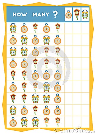 Counting game, educational game for children. Count how many clocks in each row Vector Illustration