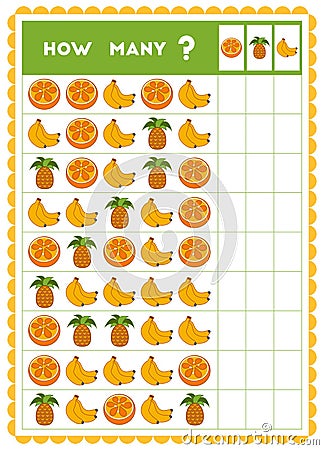 Counting game, educational game for children. Count how many fruits in each row Vector Illustration