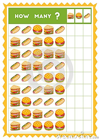 Counting game, educational game for children. Count how many types of food in each row Vector Illustration