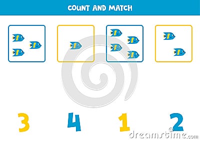 Counting game for kids. Count all cartoon angel fish and match with numbers. Worksheet for children Vector Illustration