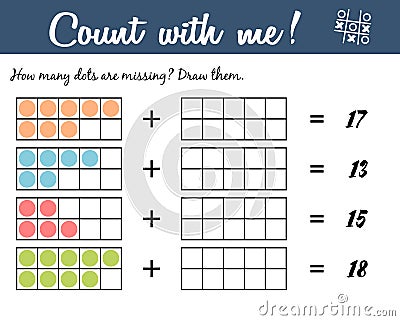 Counting game for kids. Educational a mathematical game. Count how many dots are missing Vector Illustration