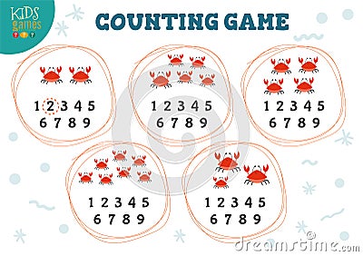 Counting game with many cartoon red crabs for preschools kids vector illustration Vector Illustration