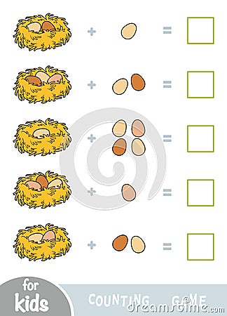 Counting Game for Preschool Children. Addition worksheet, birds eggs in the nest Vector Illustration