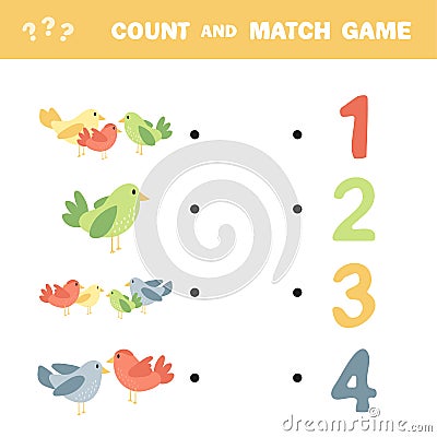 Counting Game for Preschool Children. Count the birds and choose right answer Vector Illustration