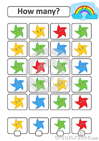 Counting game for preschool children for the development of mathematical abilities. How many stars of different colors. With a pla Vector Illustration