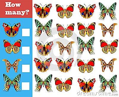 game for preschool children. Educational math game. Count how many different butterflies and write down the result Vector Illustration