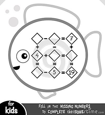 Counting Game for Preschool Children. Educational a mathematical game. Addition and subtraction worksheets with fish Vector Illustration