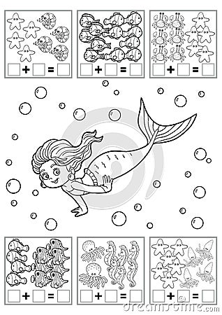 Counting Game for Preschool Children. Educational a mathematical game. Addition worksheets, mermaid and fish Vector Illustration