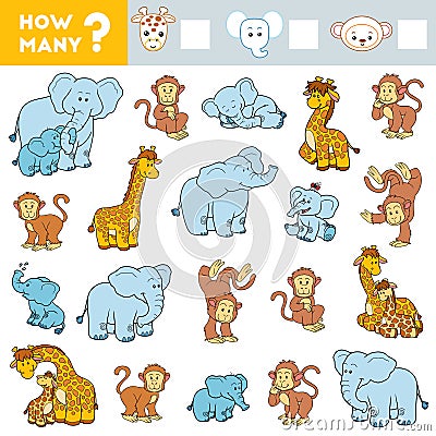 Counting Game for Preschool Children. Educational a mathematical game. Count how many animals and write the result Vector Illustration