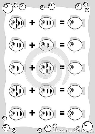 Counting Game for Preschool Children. Educational a mathematical game. Addition worksheet, fish Vector Illustration