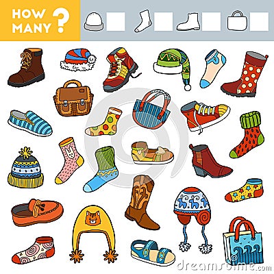 Counting Game for Preschool Children. Educational a mathematical game. Count how many boots, socks, hats and bags Vector Illustration