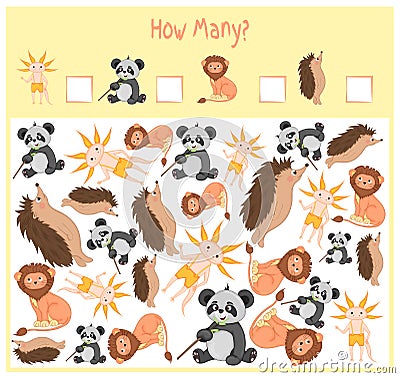 Counting game for Preschool Children. A mathematical Educational game. Count how many items and write the result. Wild Vector Illustration