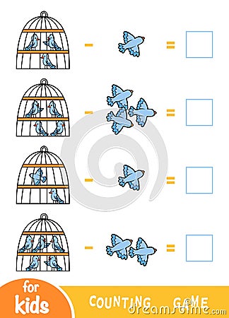 Counting Game for Preschool Children. Subtraction worksheets. Birds and cages Vector Illustration